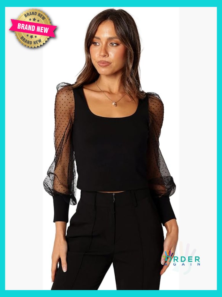 Sheer Sleeve Crop Top Round Neck Pullover Relaxed Fit Blouson Top